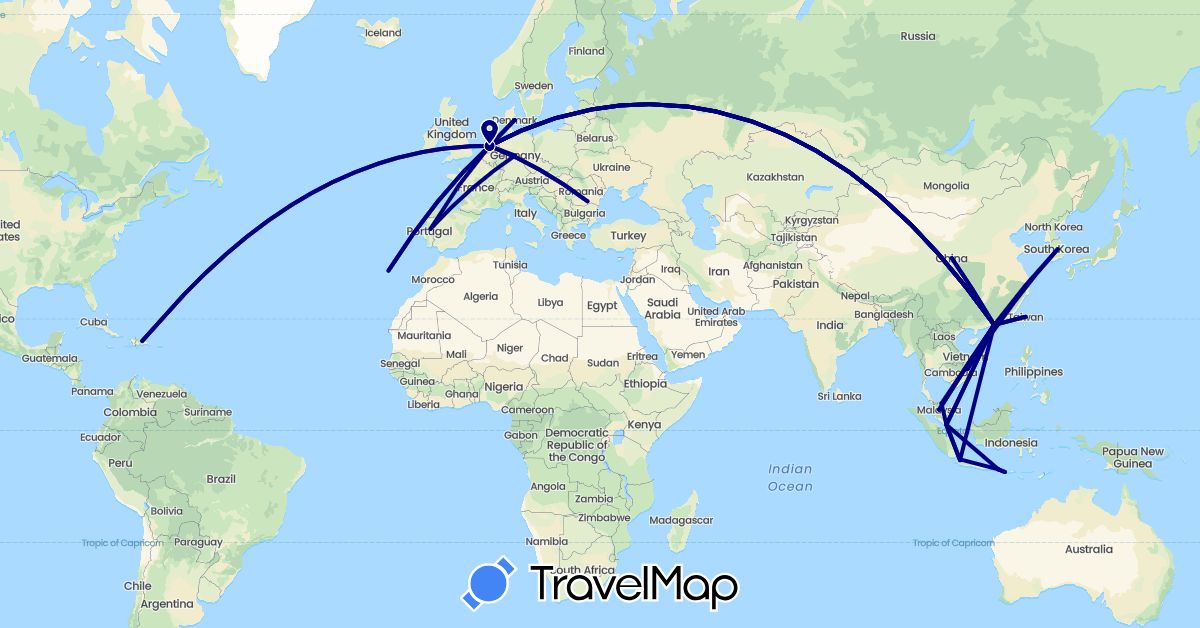 TravelMap itinerary: driving in Belgium, China, Germany, Denmark, Dominican Republic, Indonesia, South Korea, Malaysia, Netherlands, Portugal, Romania, Singapore, Taiwan, Vietnam (Asia, Europe, North America)